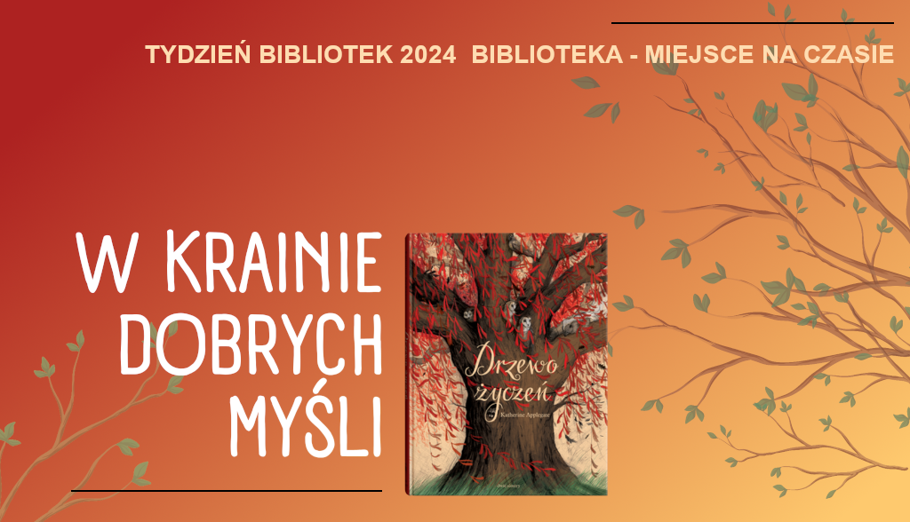 Fragment plakatu spotkania - Okładka książki na czerwono-pomarańczowym tle z rysunkiem gałęzi drzewa
