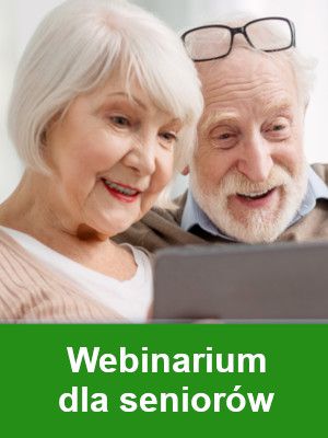 Fragment plakatu webinarium - starsi kobieta i mężczyzna przy laptopie