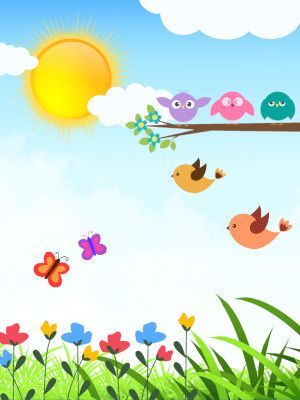 Fragment plakatu zajęć - wiosenny pejzaż ze słońcem, zielenią, kwiatami, motylkami i ptaszkami