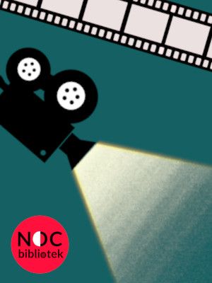 Fragment plakatu zajęć - kamera i fragment taśmy filmowej z logo Nocy Bibliotek