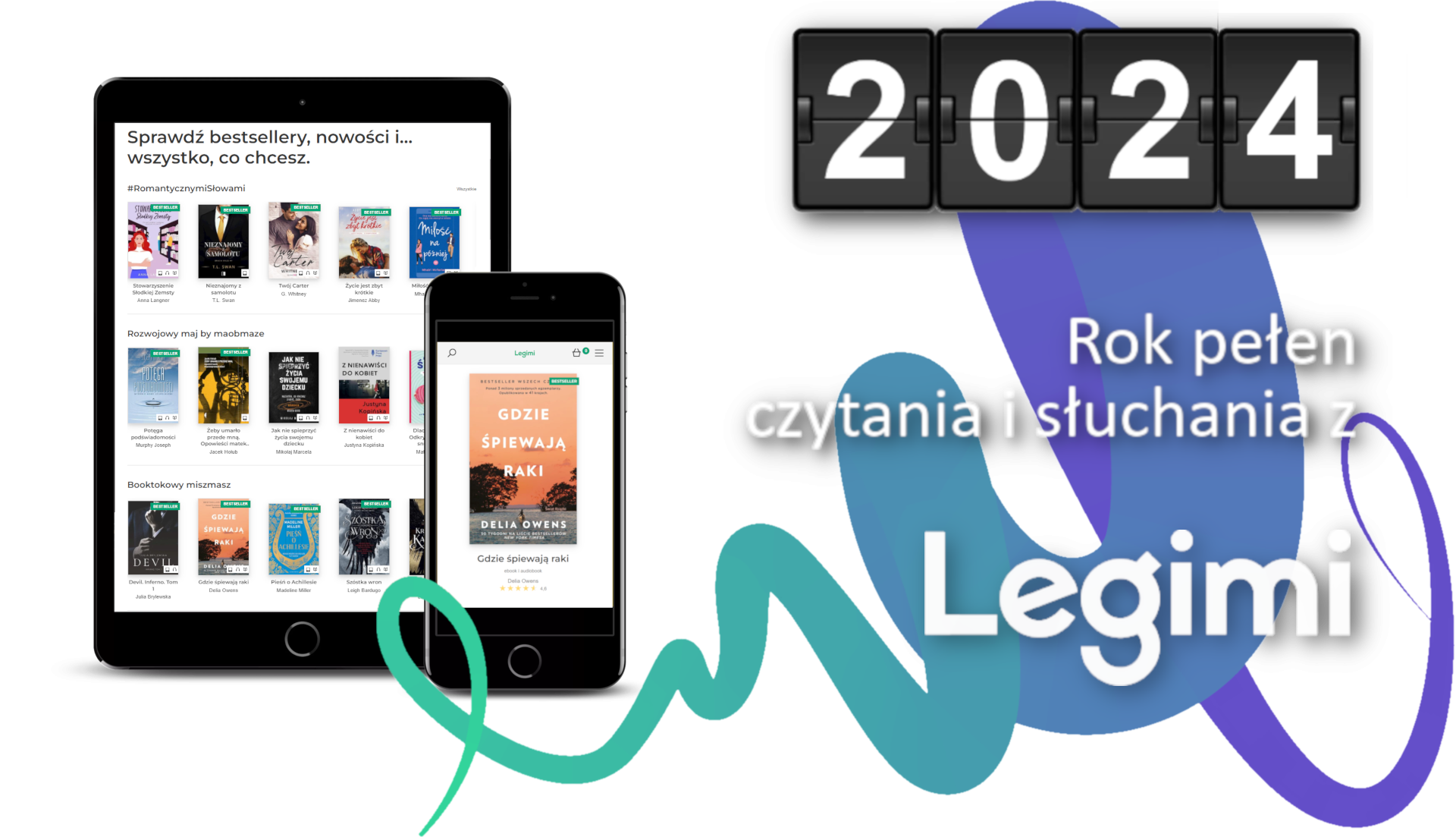 Slider promujący Legimi - logo i grafika Legimi, tablet, smartfon i kalendarz z rokiem 2023