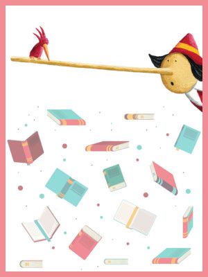 Fragment plakatu zajęć - głowa Pinokia z dłuuugim nosem oraz książki w tle