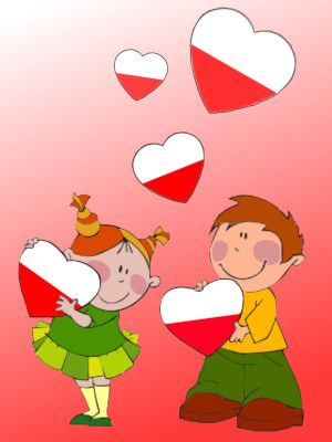 Chłopiec i dziewczynka wypuszczają z rąk w górę biało-czerwone serca